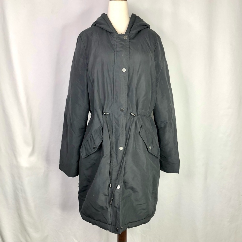 Marc New York Reversible winter coat mid-length hood black navy drawstring Med